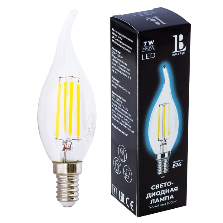 Светодиодная лампа L&B 7W 600Lm 3000K E14 E14-7W-WW-flame filament фото