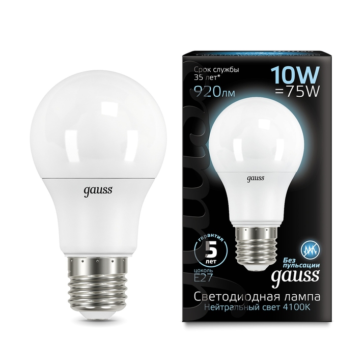 Светодиодная лампа Gauss A60 10W 920Lm 4100K E27 102502210 фото