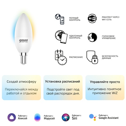 Светодиодная лампа Gauss SMART HOME С37 5W 470Lm 2700-6500K E14 1110112