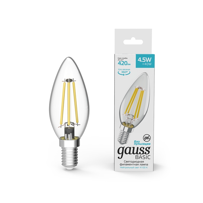Светодиодная филаментная лампа Gauss Свеча 4,5W 420Lm 4100K E14 1031215 фото
