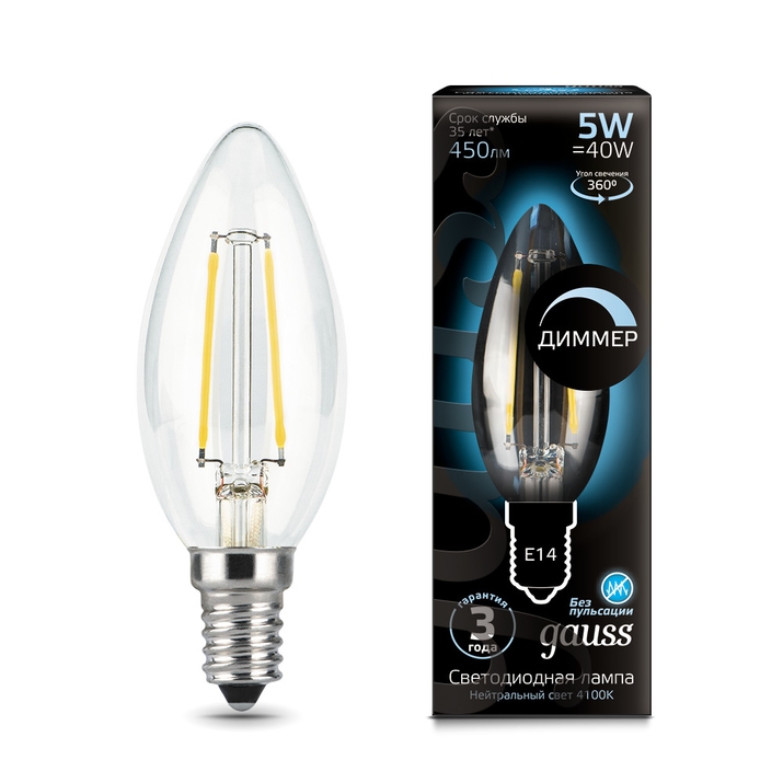 Светодиодная филаментная лампа Gauss Свеча 5W 450Lm 4100K E14 103801205-D фото