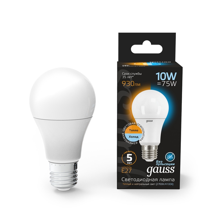Светодиодная лампа Gauss A60 10W 930Lm 3000K/4100K E27 102502110-T фото