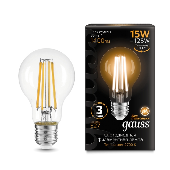 Светодиодная филаментная лампа Gauss A60 15W 1400Lm 2700K E27 102902115 фото