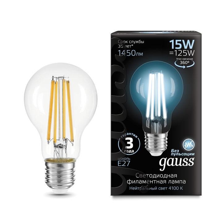 Светодиодная филаментная лампа Gauss A60 15W 1450Lm 4100K E27 102902215 фото
