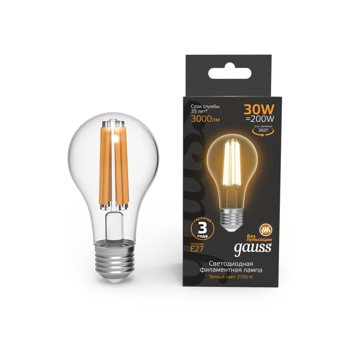 Светодиодная филаментная лампа Gauss FILAMENT A70 30W 3000Lm 2700K E27 102902130 фото