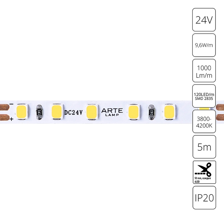 Светодиодная лента 24V 9,6W/m 4000К 5м Arte Lamp TAPE A2412005-02-4K фото