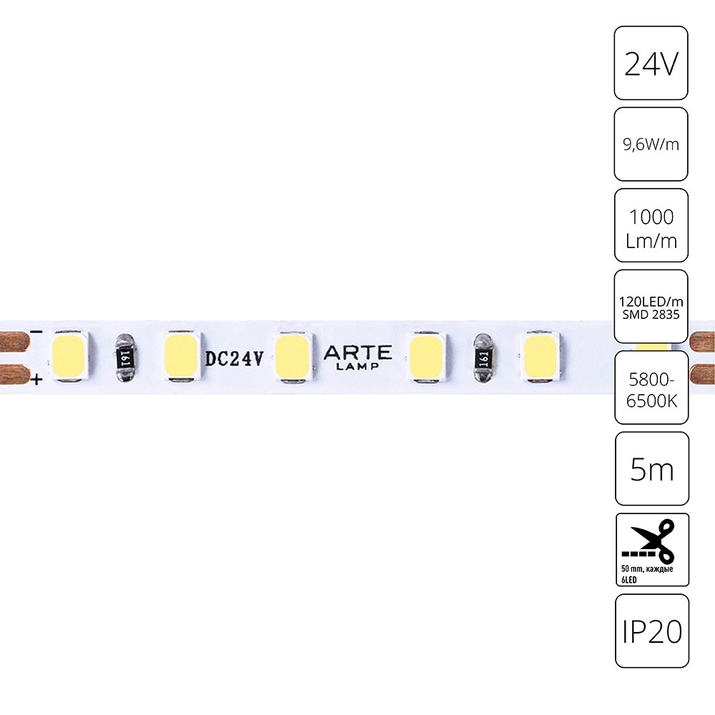 Светодиодная лента 24V 9,6W/m 6000К 5м Arte Lamp TAPE A2412005-03-6K фото