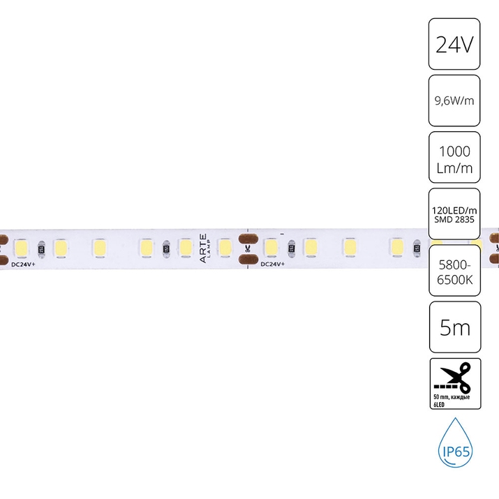 Светодиодная лента 24V 9,6W/m 6000К 5м Arte Lamp AQUA TAPE A2412008-06-6K фото