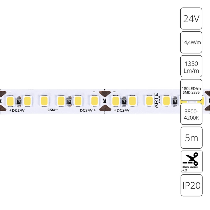 Светодиодная лента 24V 14,4W/m 4000К 5м Arte Lamp TAPE A2418008-02-4K фото