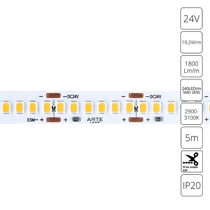Светодиодная лента 24V 19,2W/m 3000К 5м Arte Lamp TAPE A2424010-01-3K фото
