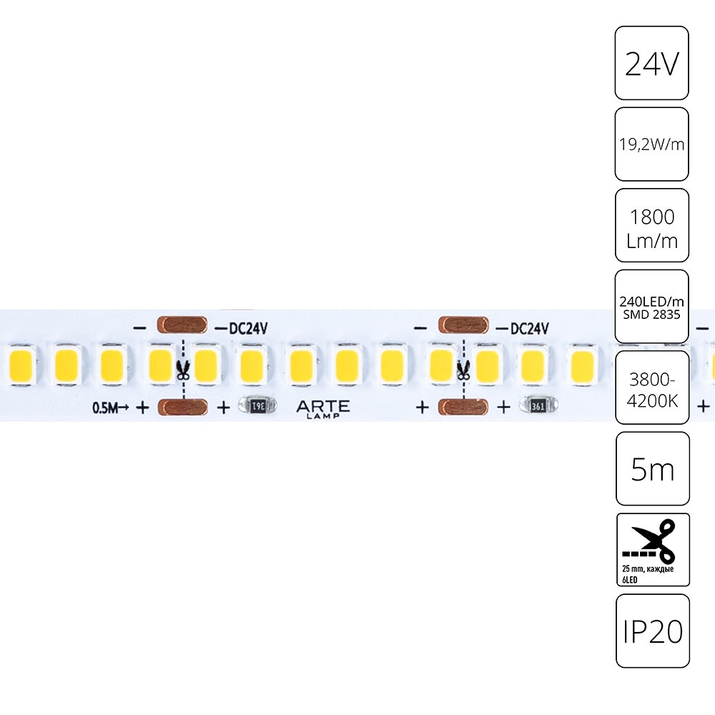 Светодиодная лента 24V 19,2W/m 4000К 5м Arte Lamp TAPE A2424010-02-4K фото