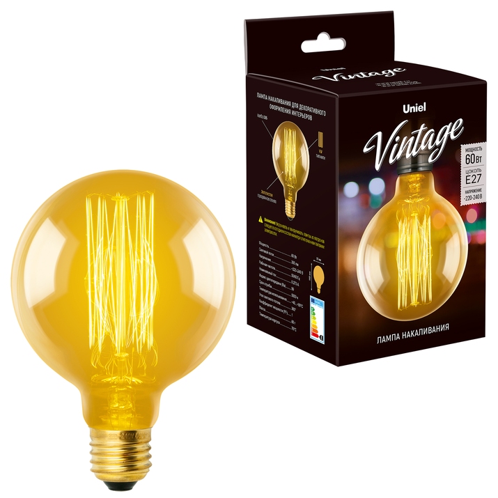 Лампа накаливания Uniel VINTAGE 60W 300lm E27 UL-00000479 фото