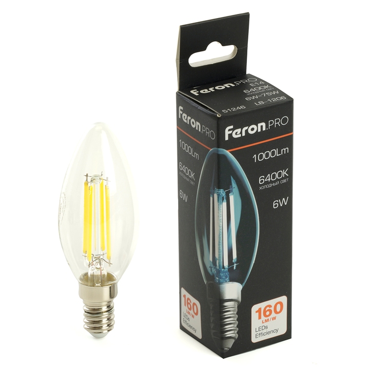 Светодиодная филаментная лампа LB-1206 Feron Свеча 6W 1000Lm 6400К E14 51246 фото