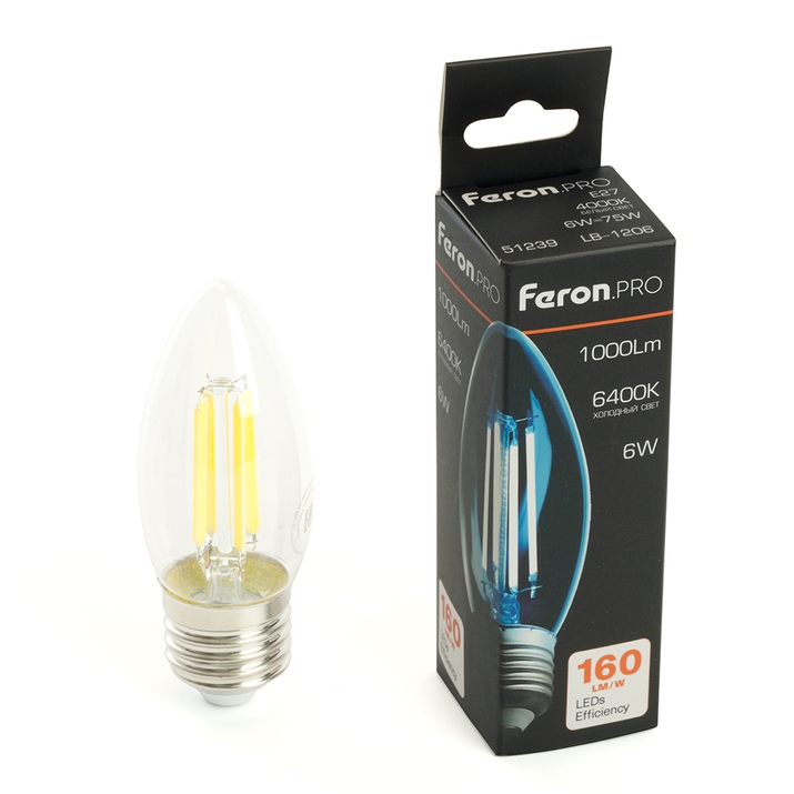 Светодиодная филаментная лампа LB-1206 Feron Свеча 6W 1000Lm 6400К E27 51240 фото