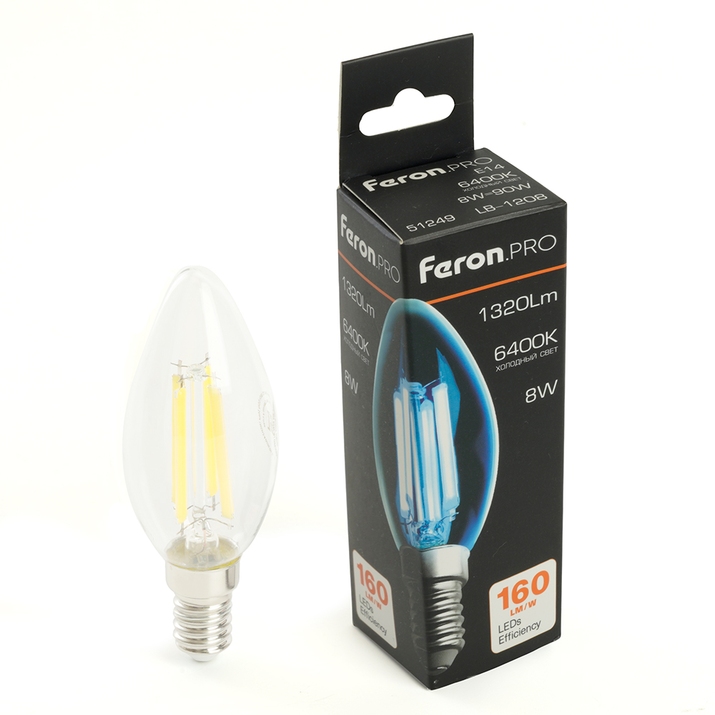 Светодиодная филаментная лампа LB-1208 Feron Свеча 8W 1320Lm 6400К E14 51249 фото