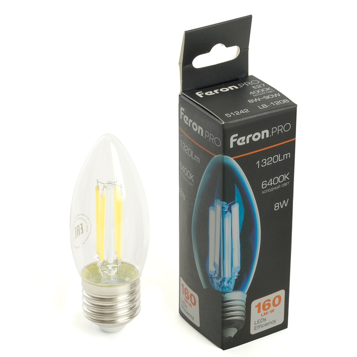 Светодиодная филаментная лампа LB-1208 Feron Свеча 8W 1320Lm 6400К E27 51243 фото