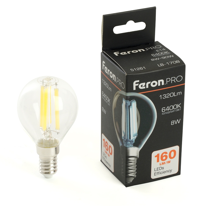 Светодиодная филаментная лампа LB-1708 Feron Шар 8W 1320Lm 6400К E14 51261 фото