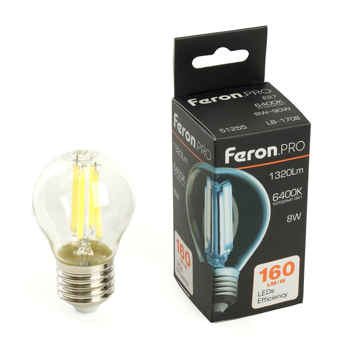 Светодиодная филаментная лампа LB-1708 Feron Шар 8W 1320Lm 6400К E27 51255 фото