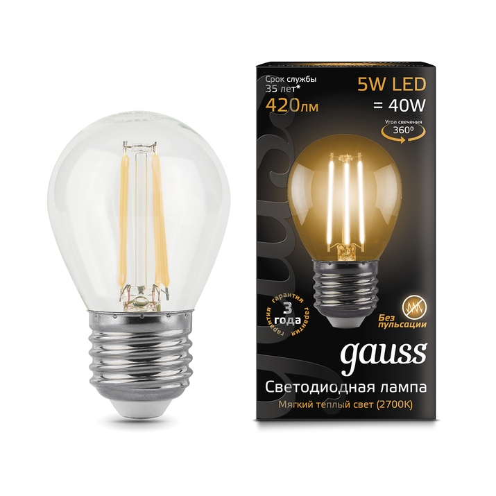 Светодиодная филаментная лампа Gauss Шар 5W 420Lm 2700K E27 105802105 фото
